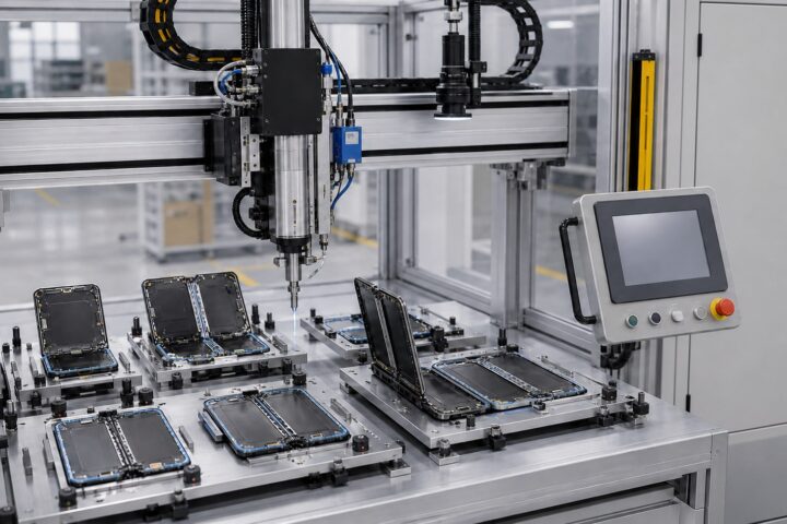 Illustrative precision dispensing equipment for foldable smartphone components