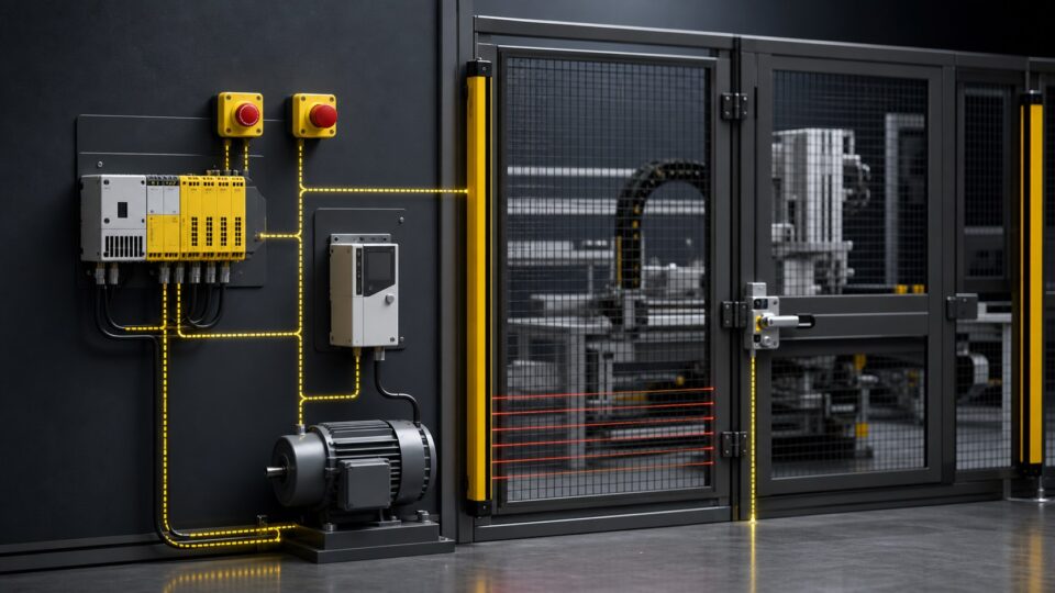 Illustration of a Rockwell safety controller, emergency stops, guard door and safety light curtain
